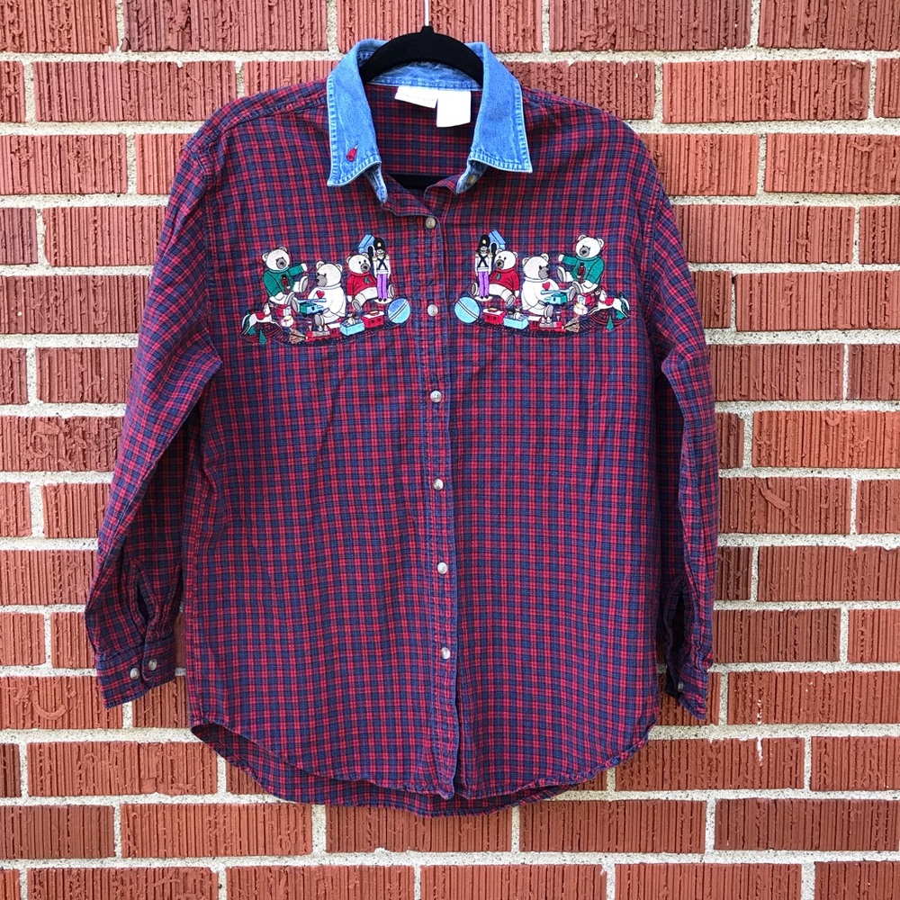 Vtg Bobbie Brooks womens medium red plaid Christmas button down shirt bears